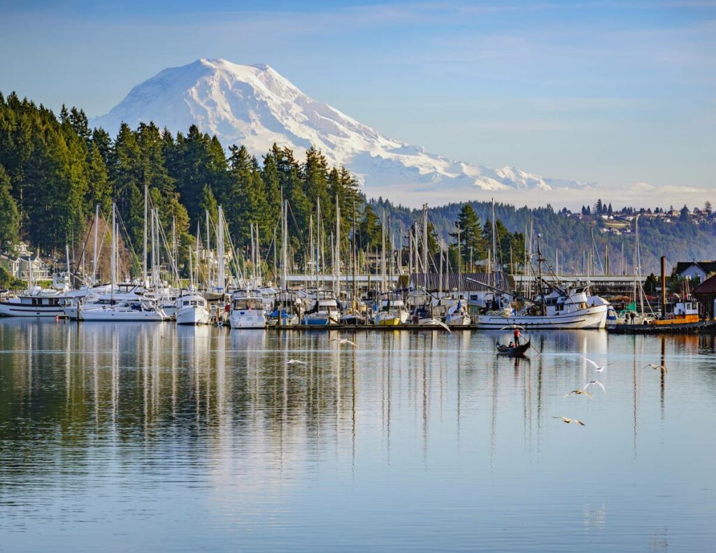 Gig Harbor Court | Boats in front of Mount Rainier