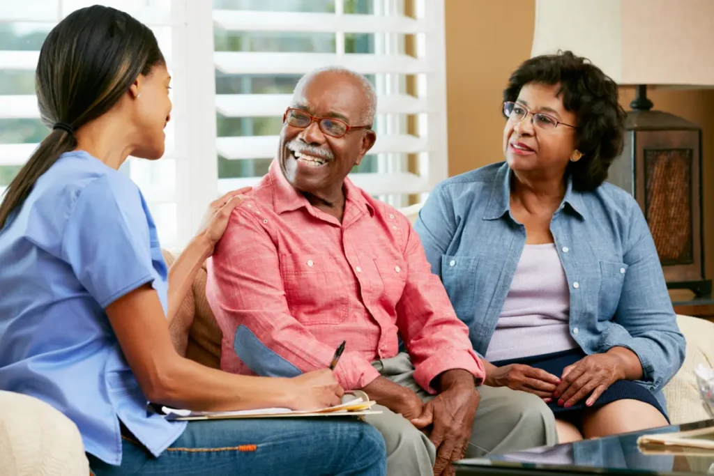 Senior couple discussing care options