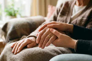 Close-up of a younger adult gently holding an older adult’s hand as they sit together on a sofa