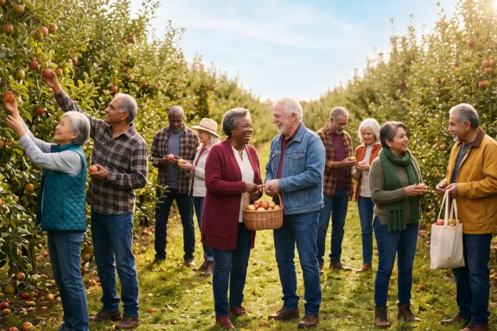 Vibrant Group of Seniors Apple Picking