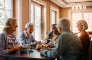 Pegasus Landing of Katy | A group of seniors sitting around a table, eating and enjoying afternoon tea while smiling and chatting with each other