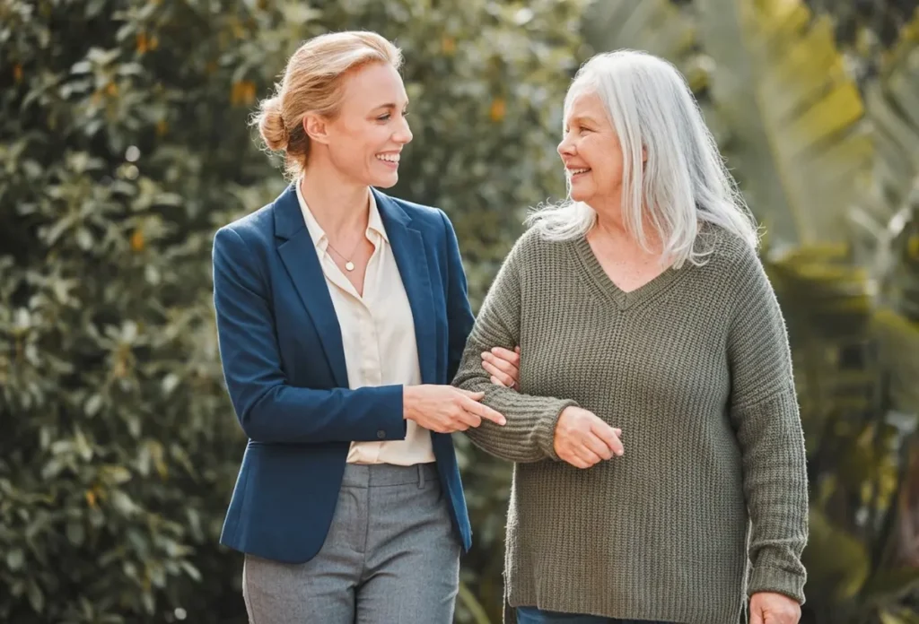 Younger woman and older woman smiling at each other while walking arm in arm outdoors.