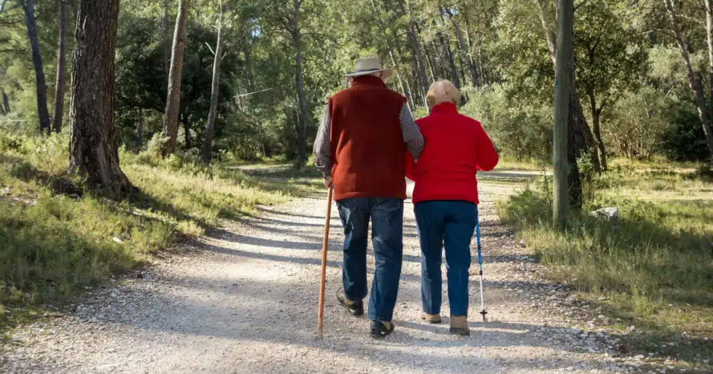Senior couple staying active while hiking