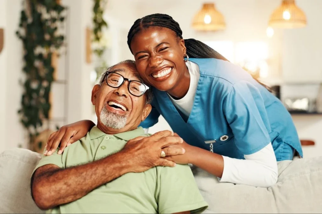 Senior and team member laughing