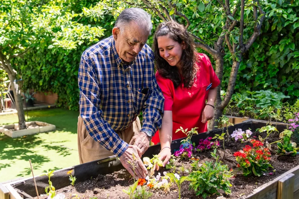 Senior and caregiver enjoying gardening in an outdoor raised bed.