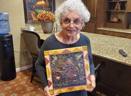 Pegasus Senior Living | Judith at Tucson Place at Ventana Canyon with Virus Portrait